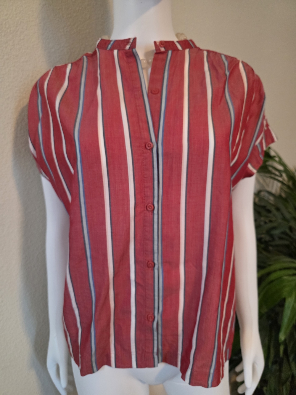 Women's Red Blue White Vertical Stripe Short-Sleeve Shirt